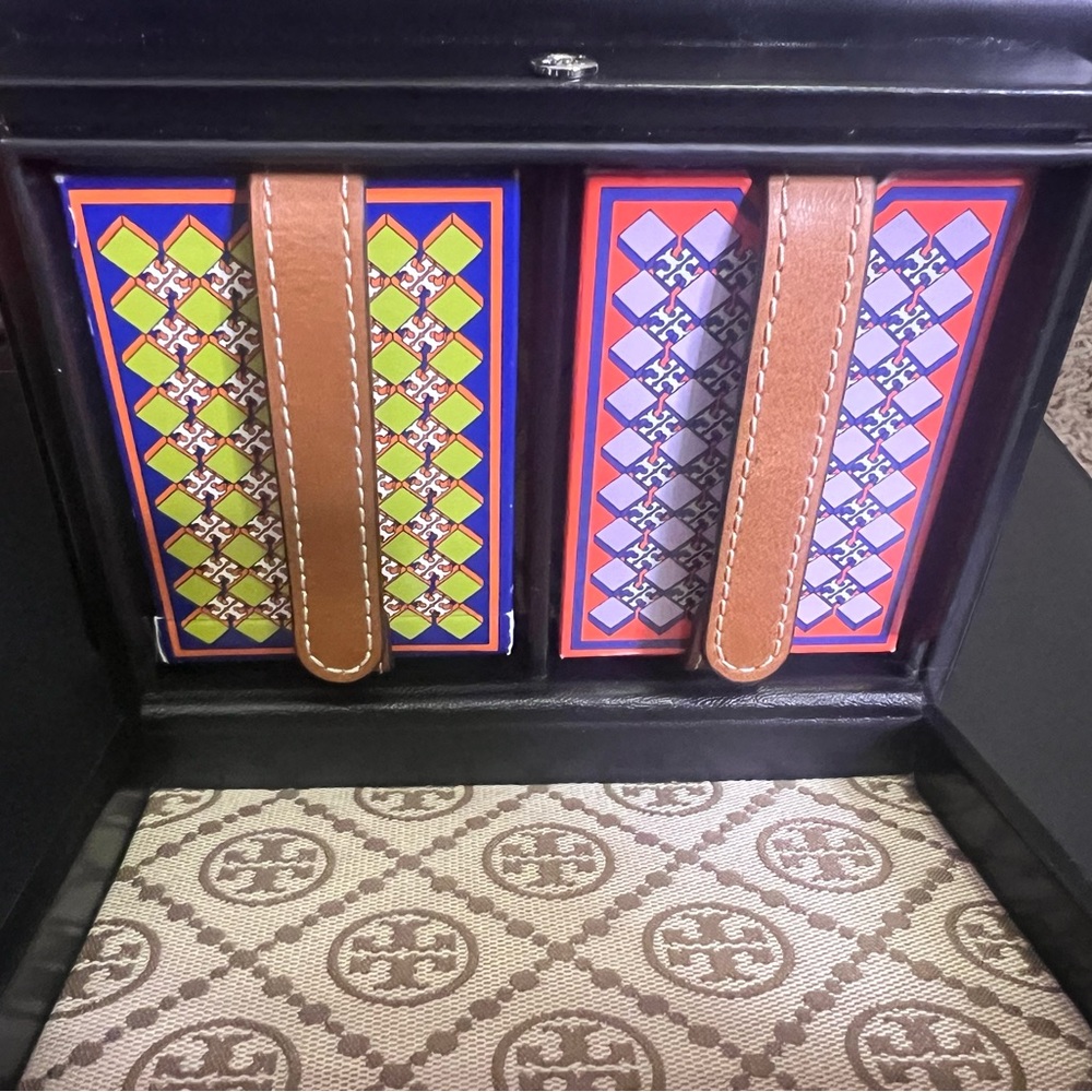 Tory Burch Black Embossed Logo Design Case with 2 card decks